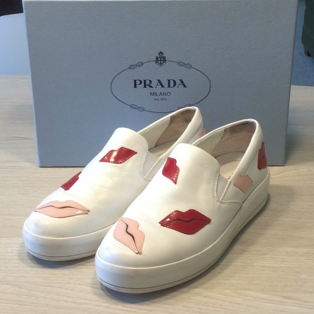 Prada Lips Appliqued Leather Slip On Sneaker- 37.5